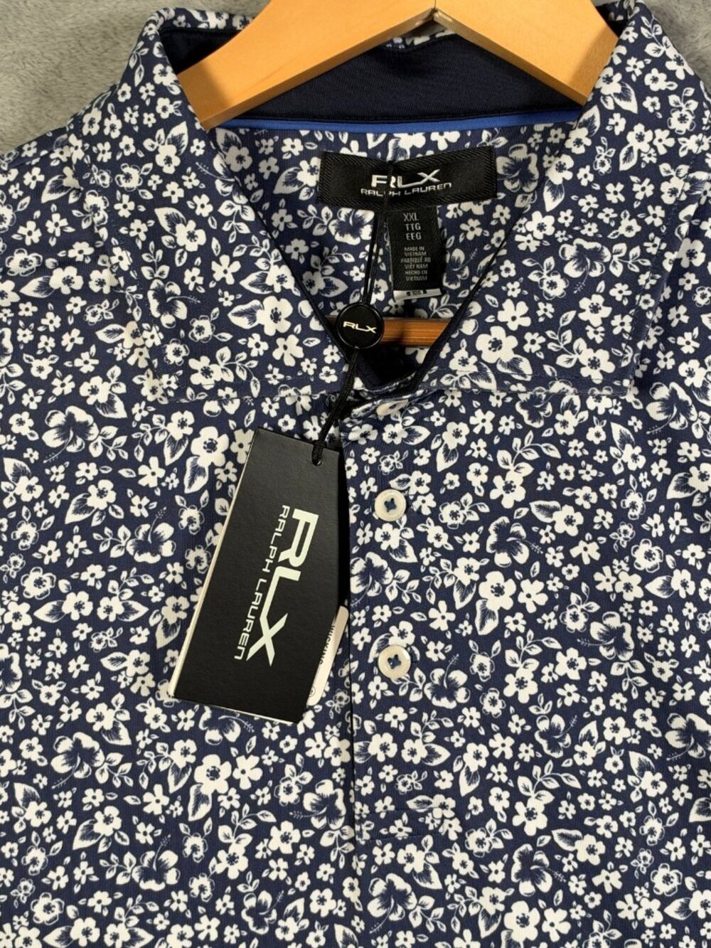RLX Ralph Lauren Polo Shirt Mens XXL Navy Blue Floral Golf Stretch Wicking